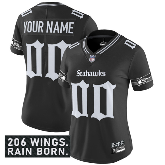Women's Seattle Seahawks Active Player Custom Black 2025 F.U.S.E. 'Gothic Rain City Shadows Edition' Vapor Untouchable Limited Stitched Football Jersey Women's Seattle Seahawks Active Player Custom Black 2025 F.U.S.E. 'Gothic Rain City Shadows Edition' Vapor Untouchable Limited Stitched Football Jersey